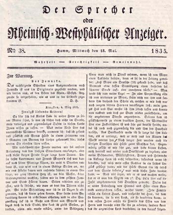 Der am 15. Mai 1835 in einer Zeitung abgedruckte Brief der Karoline Wulf aus Bosseborn (S. 1)  