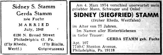 Heiratsanzeige (Aufbau, 9.7.1948) und Todesanzeige (Aufbau, 4.3.1974) für Siegfried Stamm  
