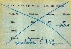 Karteikarte der Reichsvereinigung der Juden für Ida Steinberg  