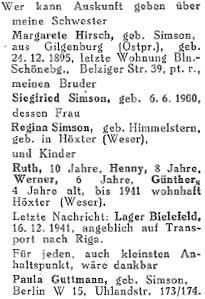 Suchanzeige von Siegfried Simsons Schwester Paula Guttmann, „Der Weg“, 4.10.1946  
