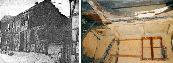 Außenanblick der Ruine der Synagoge mit der Lehrerwohnung (Westfalen Zeitung, 15.9.1951) und Blick in den Überrest des Innenraums mit dem Oval der Empore. Die Treppe links stammt aus der Nachkriegszeit. (Foto 1989)  