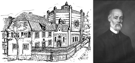 Links: Die Synagoge und das Lehrerhaus in Paderborn von 1881 • Rechts Jacob Nordhaus  