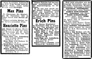 Todesanzeigen der Familien Pins und Judenberg, Aufbau 1945–1946  