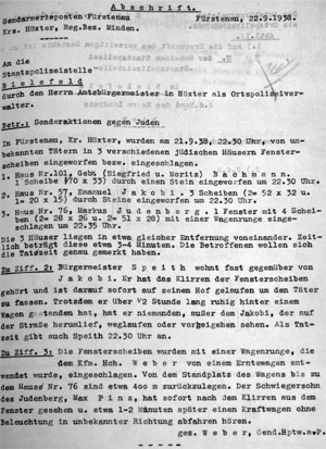 Polizeiprotokoll über die Zerschlagung von Fensterscheiben an den Häusern Bachmann, Jakobi und Judenberg in Fürstenau am 21.9.1938 Polizeiprotokoll über die Zerschlagung von Fensterscheiben an den Häusern Bachmann, Jakobi und Judenberg in Fürstenau am 21.9.1938