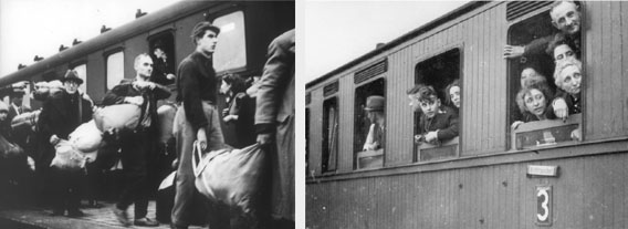 Dr. Leo Pins (mit Hut) beim Besteigen des Zugs • Angstvolle Blicke in die Zukunft  