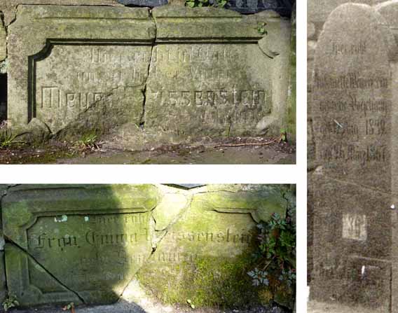 Die zerstörten Grabsteine von Meyer Weißenstein (o.) und seiner zweiten Frau Emma (u.) im Ehrenmal. Der 1950 noch sichtbare Grabstein seiner ersten Frau Antoinette (r.) im Gedenkmal ist heute zerfallen.  
