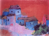 Häuser und roter Himmel. 1990. Öl auf Hartfaser. 61x81