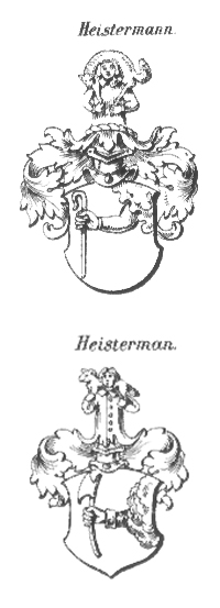 oben: Wappen Heistermann,  mit Hirtenstab,  16. und 17. Jh.; <br> unten:  Wappen Heisterman, mit Axt, 17. Jh.  