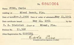 Einbürgerung von Carla Pins in den USA, 1951  