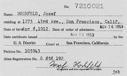 Zuerkennung der amerikanischen Staatsbürgerschaft Josef Hochfelds am 16.11.1953  