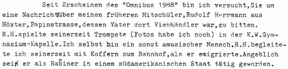 Aus einem Brief des ehemaligen Mitschülers Ernst Dücker an Jacob Pins vom 3.3.1989  