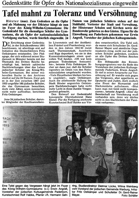 Zeitungsbericht über die Einweihung der Gedenktafel, Westfalen-Blatt, 3.1.1993  