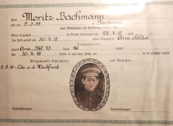 Erinnerungsblatt für Moritz Bachmann aus Fürstenau Erinnerungsblatt für Moritz Bachmann aus Fürstenau