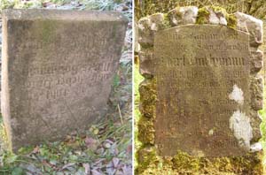 Die Grabsteine für Moritz Bachmann (auf dem Kopf stehend) und seinen Sohn Karl auf dem Friedhof in Fürstenau  