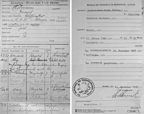 Einwohnerkarte Heinrich Herrmanns und Mitteilung über seinen Tod in Auschwitz  