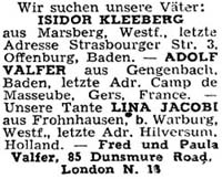 Suchanzeige der Tochter Paula nach ihrem Vater Isidor Kleeberg, Aufbau 17.5.1946  