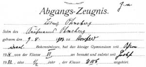 Abgangszeugnis Ludwig Ohmsberg vom Gymnasium in Hersfeld  