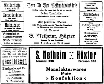 Advertisements from the 1920s for the Netheim business  