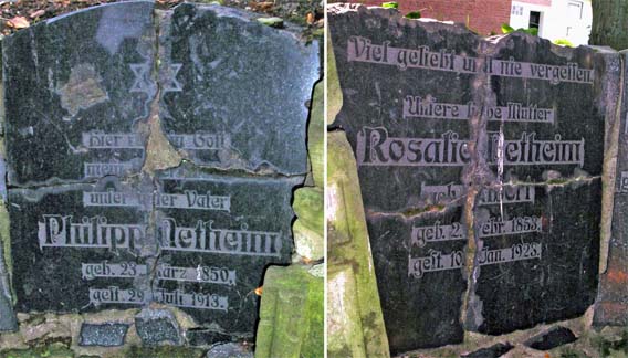 Die 1944 zerschlagenen und heute im Ehrenmal in Höxter eingefügten Grabsteine von Philipp und Rosalie Netheim  